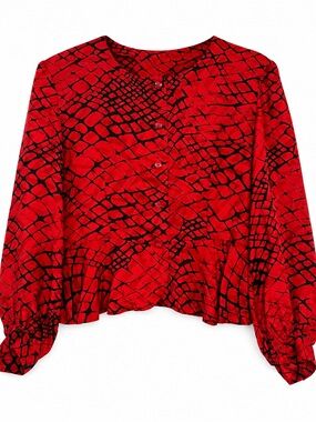 Vintage 100% Silk Red Black Abstract Print Peplum Blouse Size S/M